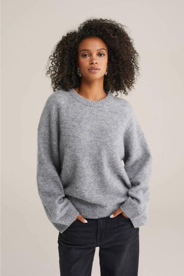 WE Fashion gebreide trui met wol grijs melange
