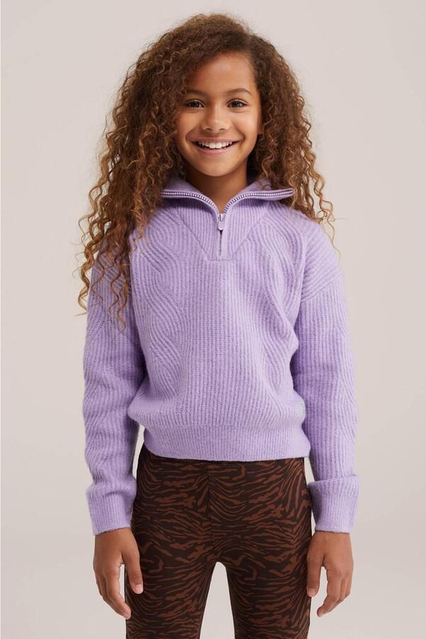 WE Fashion gebreide trui met wol lila Paars Meisjes Polyester Opstaande kraag
