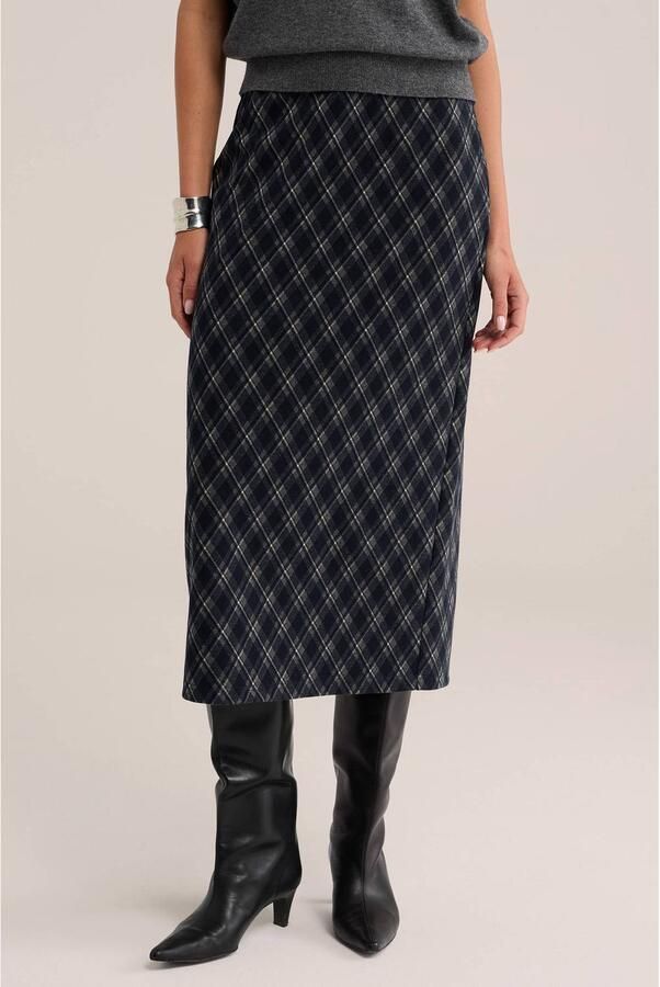 WE Fashion geruite midi kokerrok met split antraciet ecru zwart