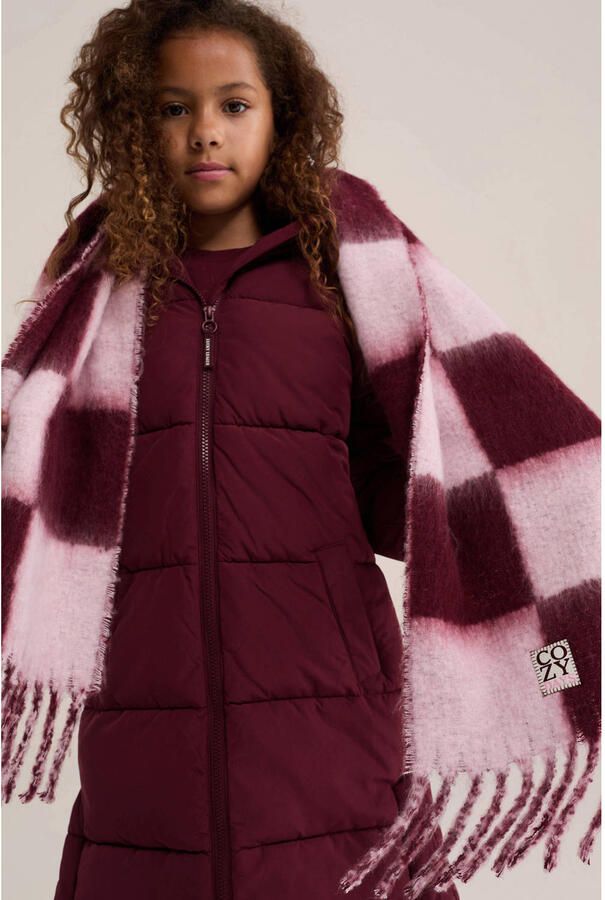 WE Fashion geruite sjaal donkerrood lichtroze Meisjes Polyester Ruit