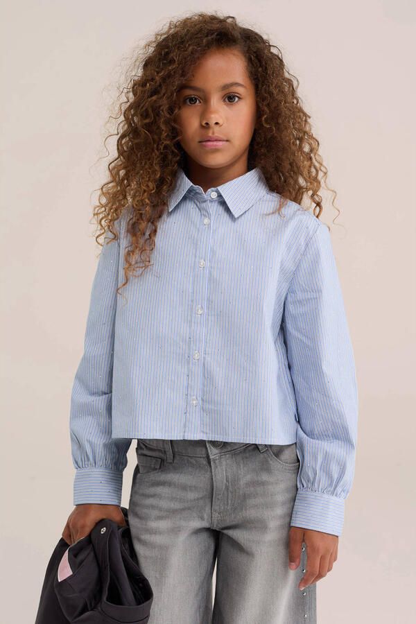 WE Fashion gestreepte blouse met strass-steentjes lichtblauw