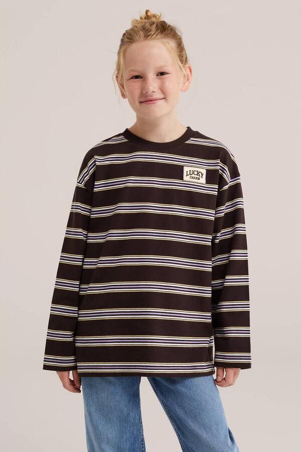 WE Fashion gestreepte longsleeve donkerbruin paars geel