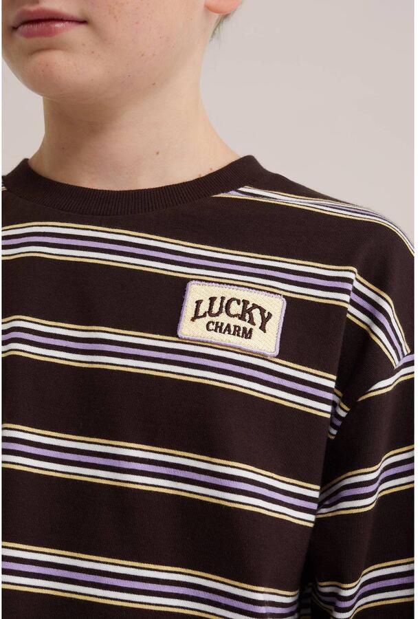 WE Fashion gestreepte longsleeve donkerbruin paars geel - Foto 2