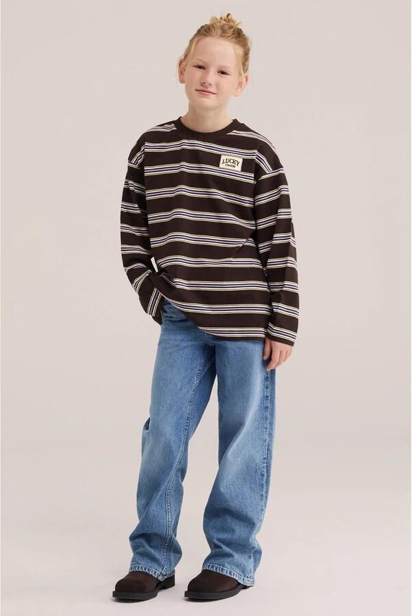 WE Fashion gestreepte longsleeve donkerbruin paars geel - Foto 3