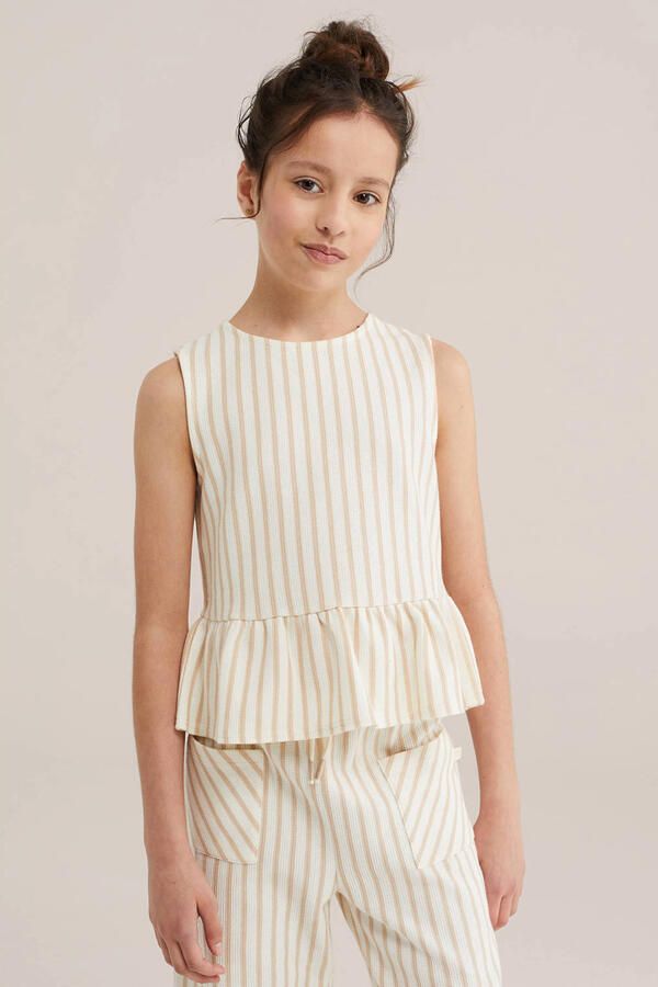 WE Fashion gestreepte mouwloze top rib gebreid zand