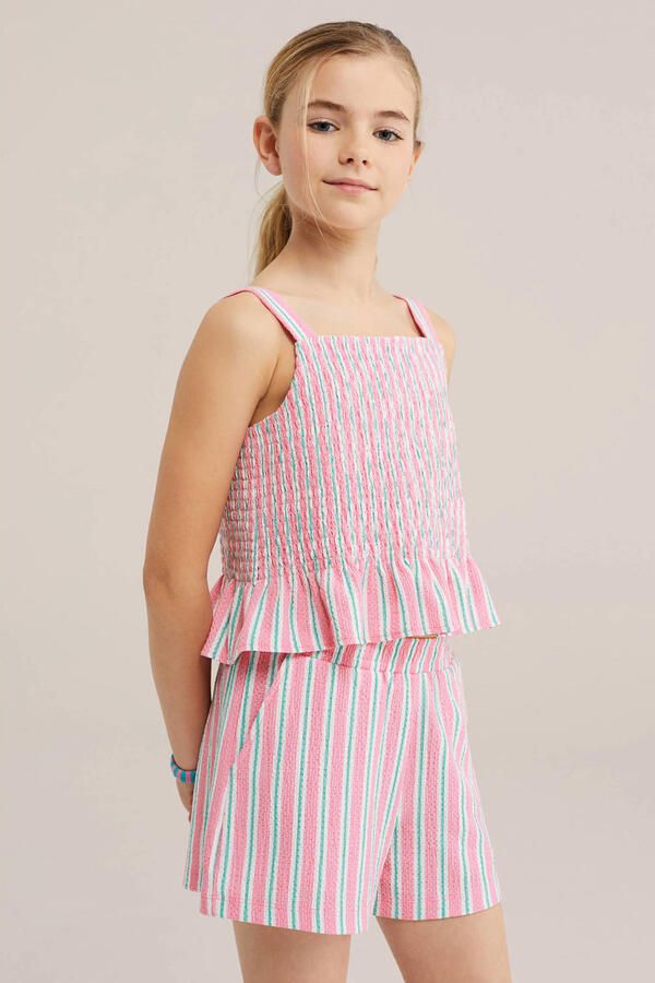 WE Fashion gestreepte mouwloze top roze