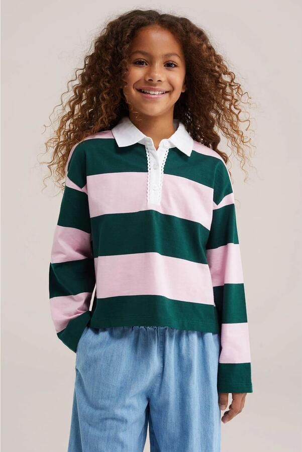 WE Fashion gestreepte polo lichtroze donkergroen
