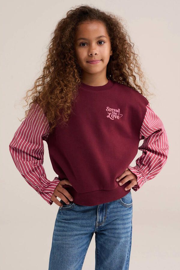 WE Fashion gestreepte sweater met contrastmouwen donkerrood