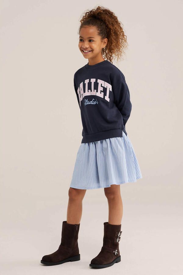 WE Fashion gestreepte sweatjurk met tekst donkerblauw - Foto 2