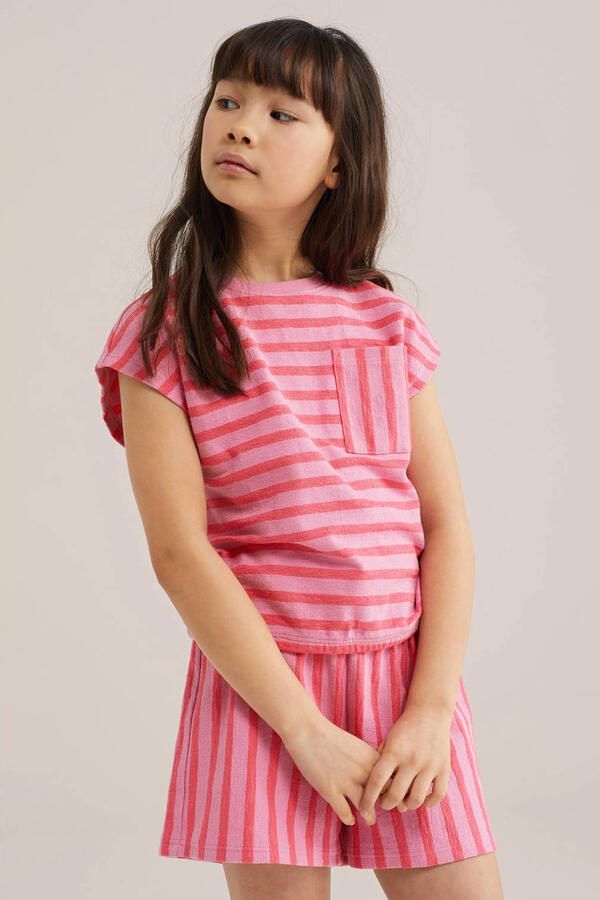 WE Fashion gestreepte T-shirt roze met textuur