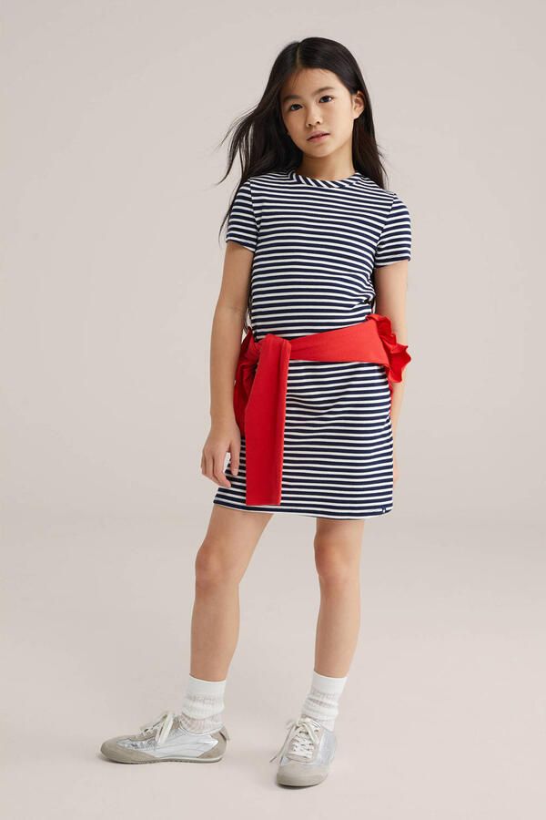 WE Fashion gestreepte t-shirtjurk donkerblauw