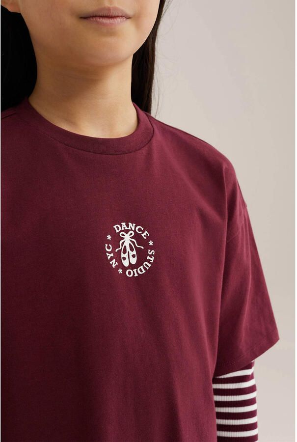 WE Fashion gestreepte T-shirtjurk donkerrood - Foto 2
