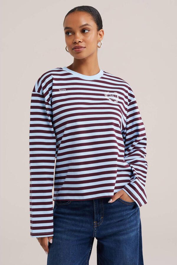 WE Fashion gestreepte top met tekst blauw