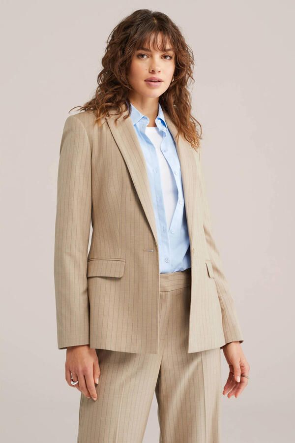 WE Fashion getailleerde blazer met krijtstreep taupe