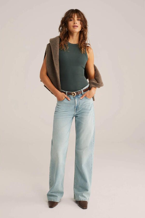 WE Fashion haltertop donkergroen rib gebreid