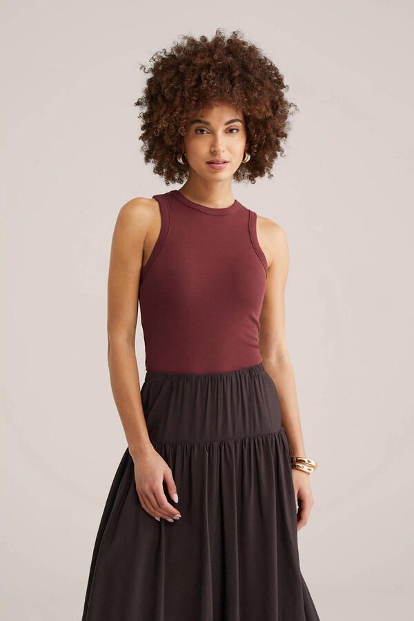 WE Fashion haltertop rib gebreid donkerrood