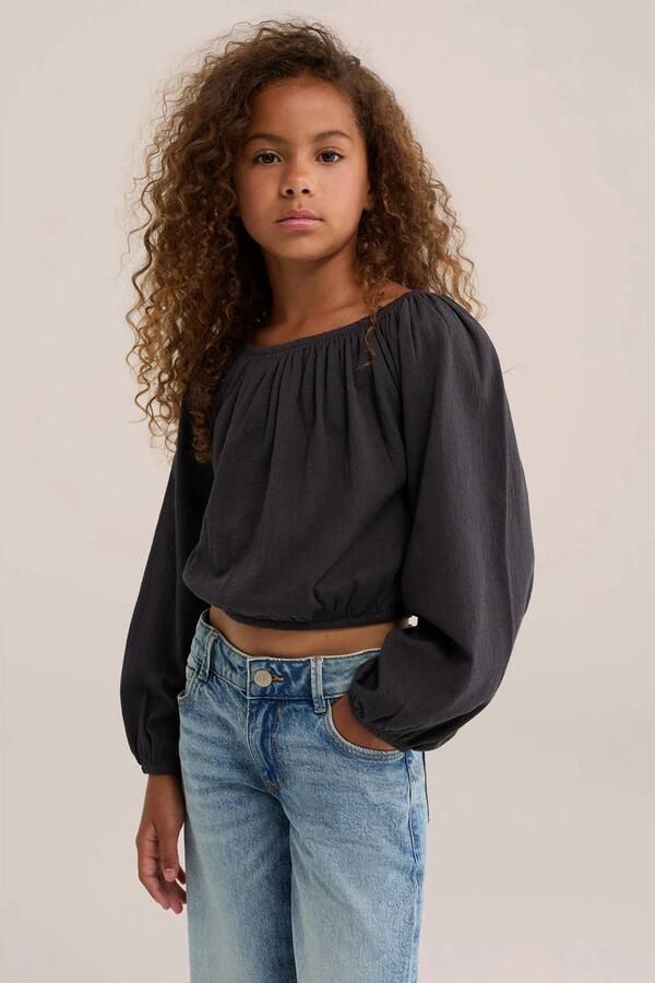 WE Fashion cropped off shoulder top zwart Effen