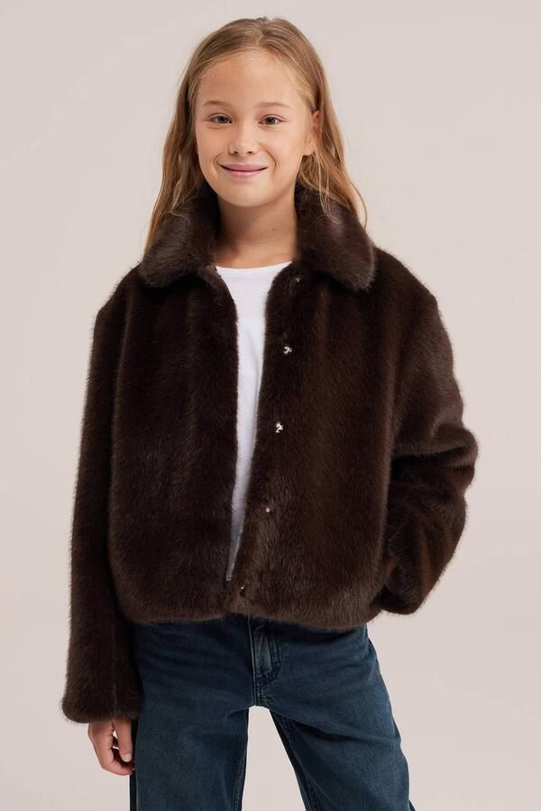 WE Fashion imitatiebont faux fur jas donkerbruin Effen