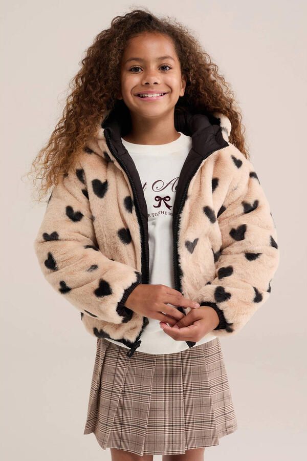 WE Fashion imitatiebont winterjas met hartjes zwart