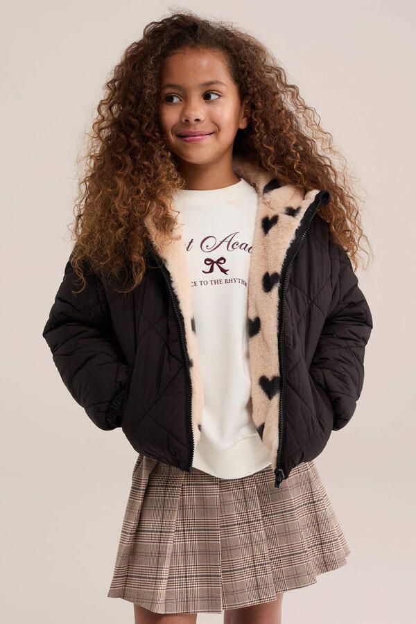 WE Fashion imitatiebont winterjas met hartjes zwart - Foto 3