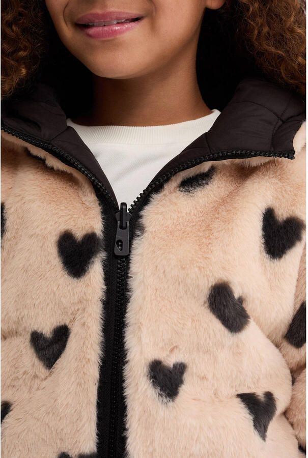 WE Fashion imitatiebont winterjas met hartjes zwart - Foto 2