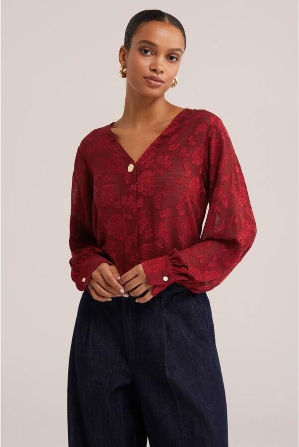 WE Fashion jacquard blousetop met print donkerrood