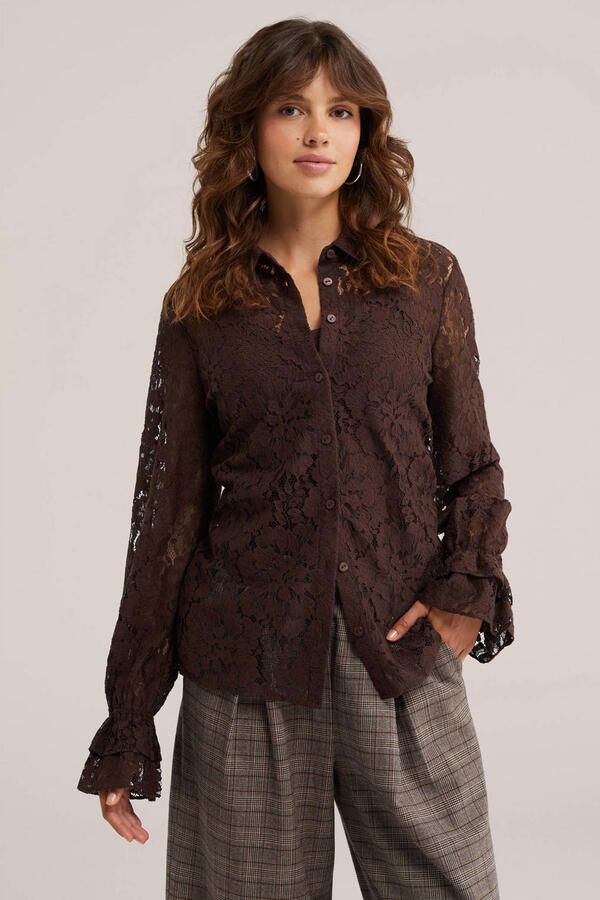 WE Fashion kanten blouse bruin