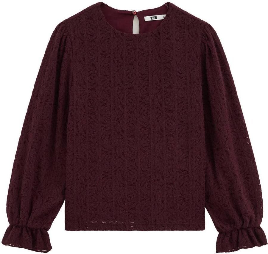 WE Fashion kanten blouse met ruches donkerrood Meisjes Polyamide Ronde hals