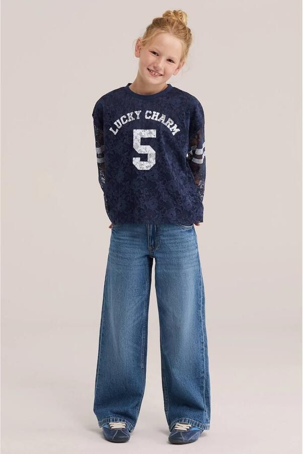 WE Fashion kanten gestreepte longsleeve met tekst donkerblauw wit Meisjes Polyester Ronde hals