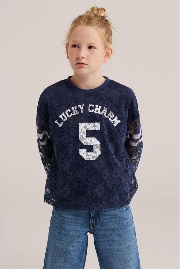 WE Fashion kanten gestreepte longsleeve met tekst donkerblauw wit Meisjes Polyester Ronde hals - Foto 2