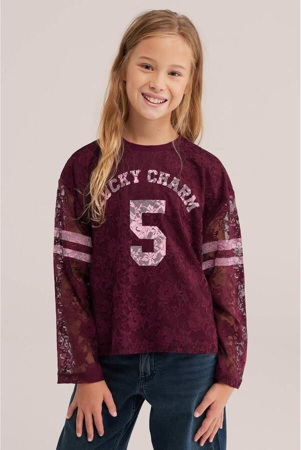 WE Fashion kanten gestreepte longsleeve met tekst donkerrood roze Meisjes Polyester Ronde hals