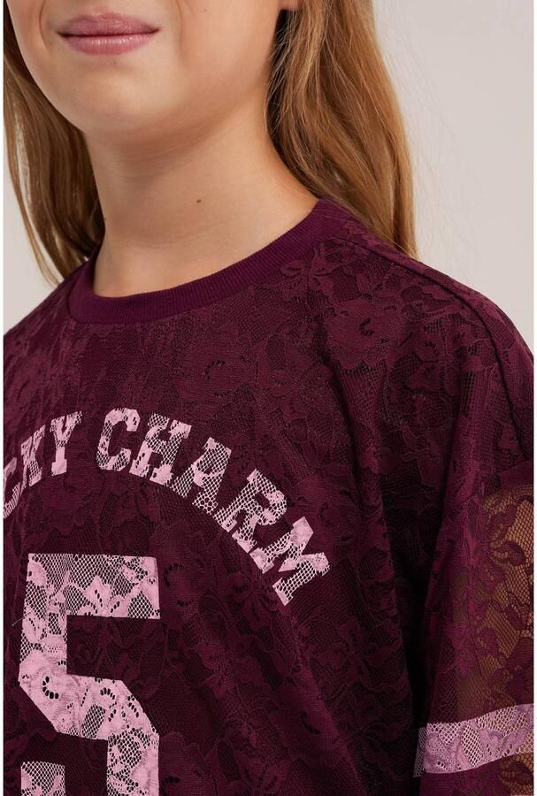 WE Fashion kanten gestreepte longsleeve met tekst donkerrood roze Meisjes Polyester Ronde hals - Foto 2