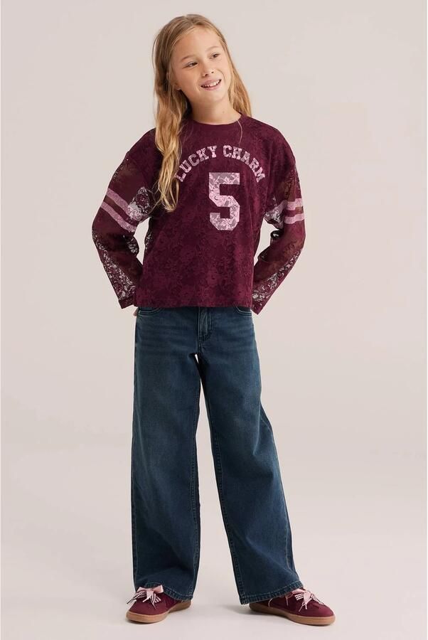 WE Fashion kanten gestreepte longsleeve met tekst donkerrood roze Meisjes Polyester Ronde hals - Foto 3