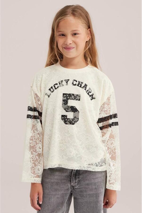 WE Fashion kanten gestreepte longsleeve met tekst wit zwart Meisjes Polyester Ronde hals