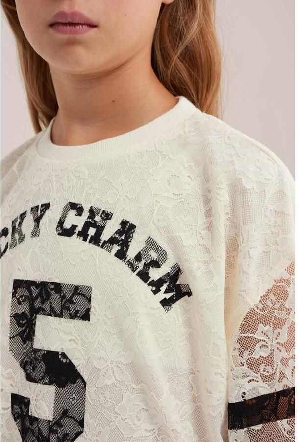 WE Fashion kanten gestreepte longsleeve met tekst wit zwart Meisjes Polyester Ronde hals - Foto 2