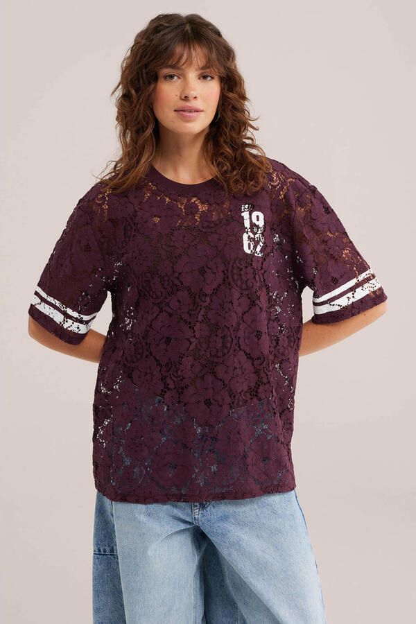 WE Fashion kanten T-shirt donkerrood - Foto 2