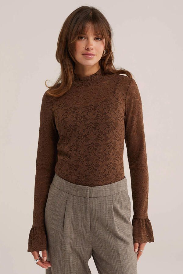 WE Fashion kanten top bruin