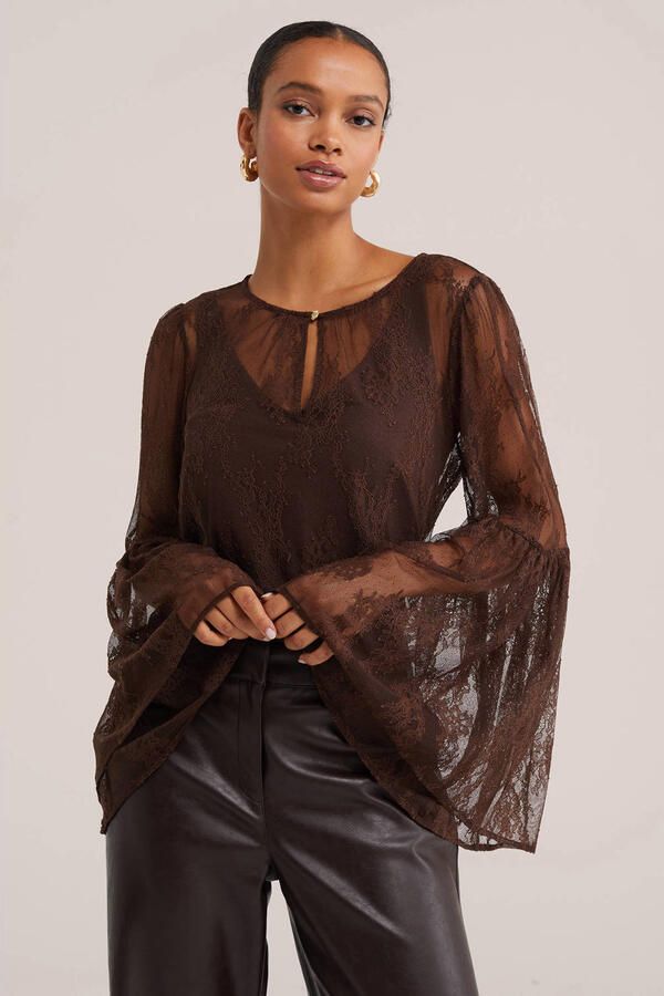 WE Fashion kanten top bruin