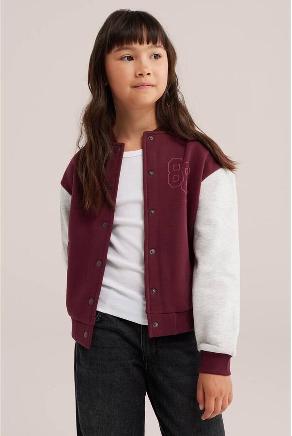 WE Fashion katoenen bomberjack met borduursels en backprint donkerrood grijs