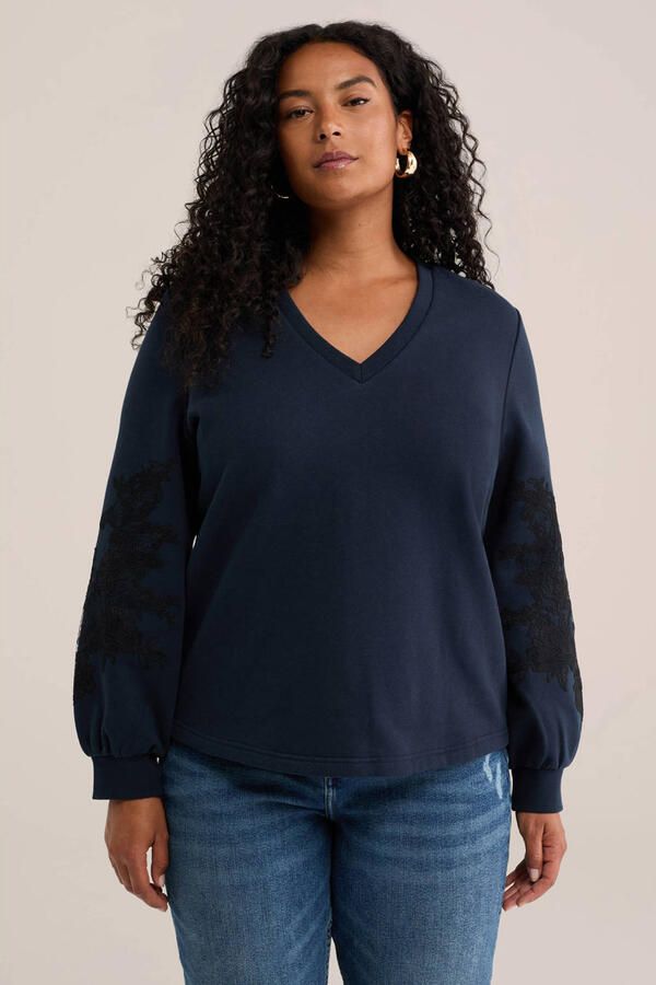 WE Fashion Curve katoenen gebloemde sweater donkerblauw