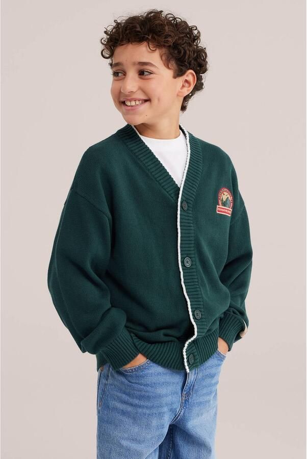 WE Fashion katoenen gebreid vest met patches groen Effen