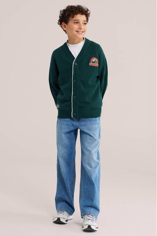 WE Fashion katoenen gebreid vest met patches groen Effen - Foto 3