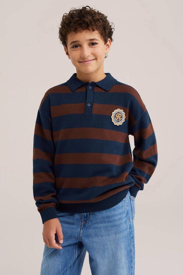 WE Fashion katoenen gebreide gestreepte trui met patches donkerblauw bruin