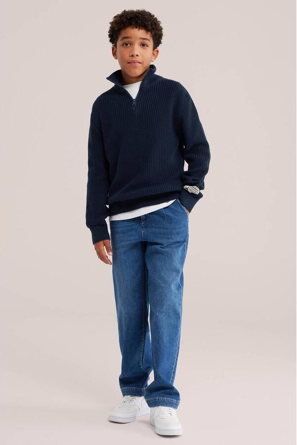 WE Fashion katoenen gebreide trui donkerblauw Effen - Foto 3