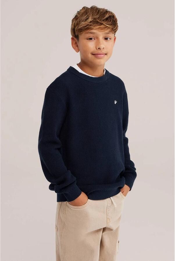 WE Fashion katoenen gebreide trui donkerblauw Effen