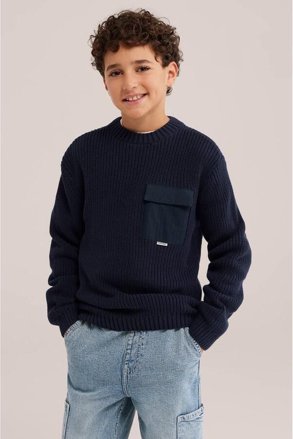 WE Fashion katoenen gebreide trui donkerblauw Effen