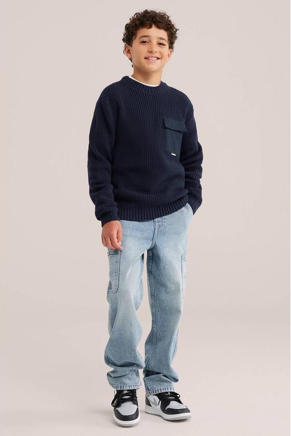 WE Fashion katoenen gebreide trui donkerblauw Effen - Foto 2