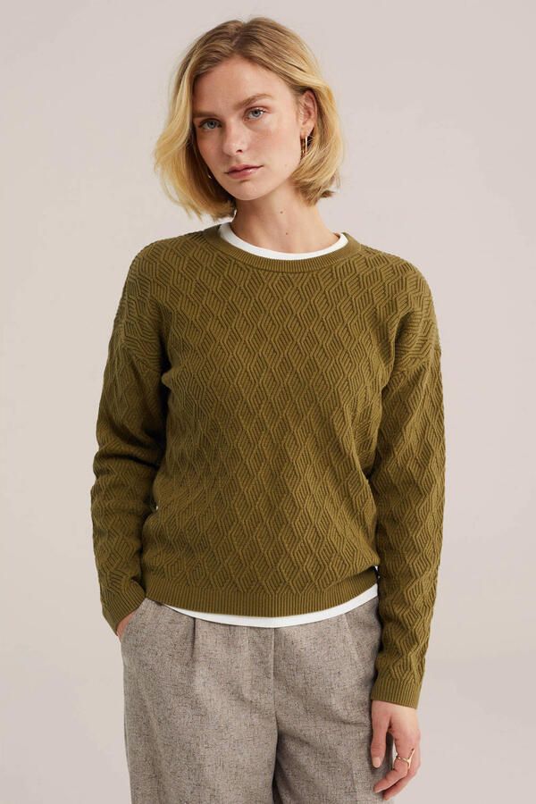 WE Fashion katoenen gebreide trui olijfgroen