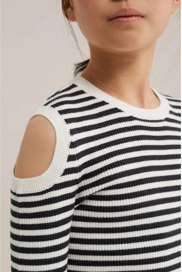 WE Fashion katoenen gestreepte gebreide trui met cut-out ecru - Foto 2