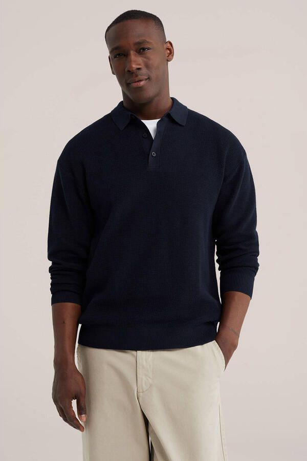 WE Fashion katoenen regular fit gebreide trui donkerblauw